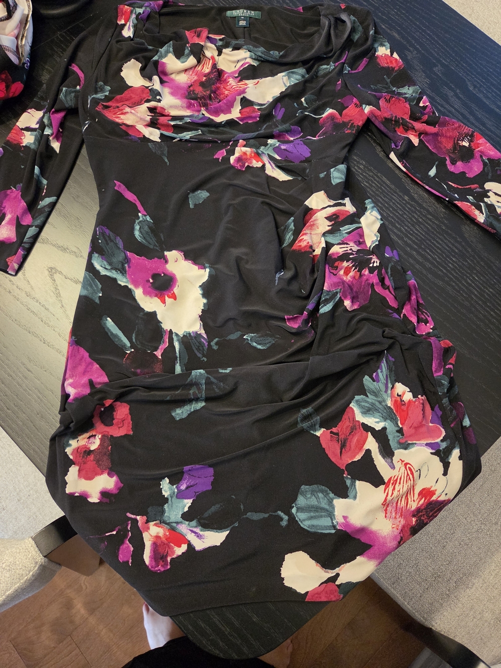 Ralph Lauren Black Floral Long-Sleeve Cowl-Neck Dress
